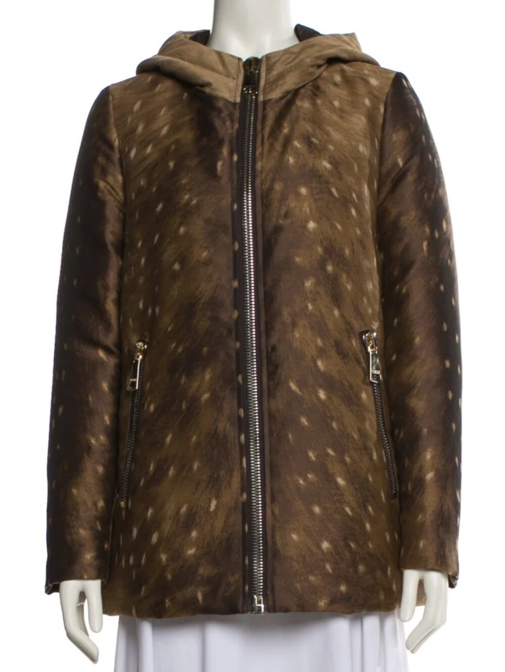 Moncler Women's Hooded Deer Print Brown Faux-Fur Down Filled A-Line Coat Size 3